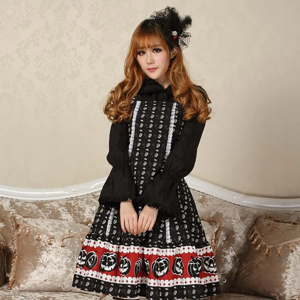 Милое платье принцессы в стиле Лолиты с принтом черное на Хэллоуин тыква
