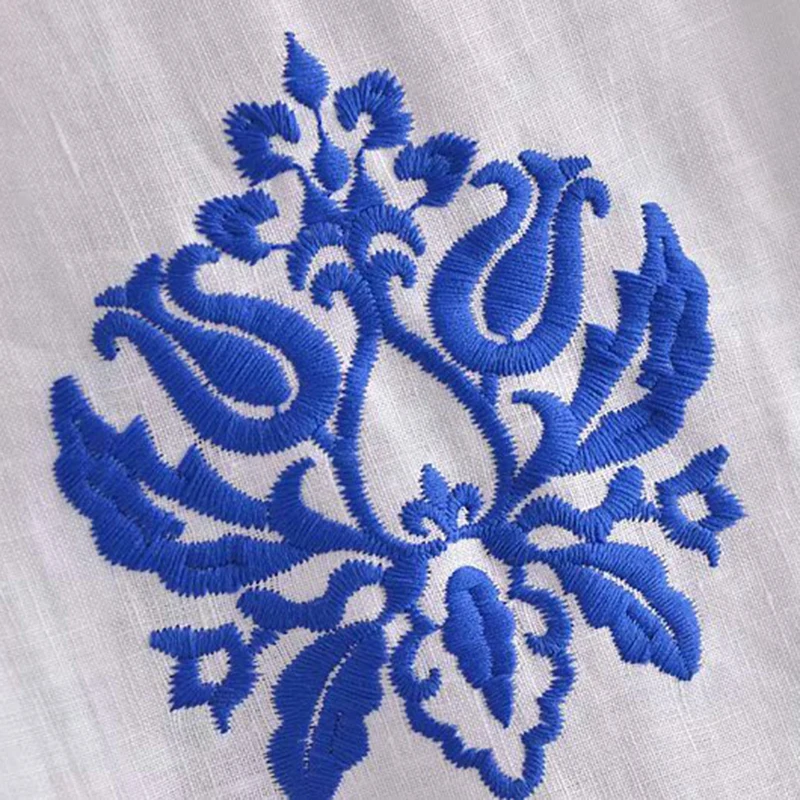 

Women Blue Embroidery Linen Skirt High Waist Side Zip Vintage Summer Midi Skirts Fashion Ruffle Hem Female floral Skirts