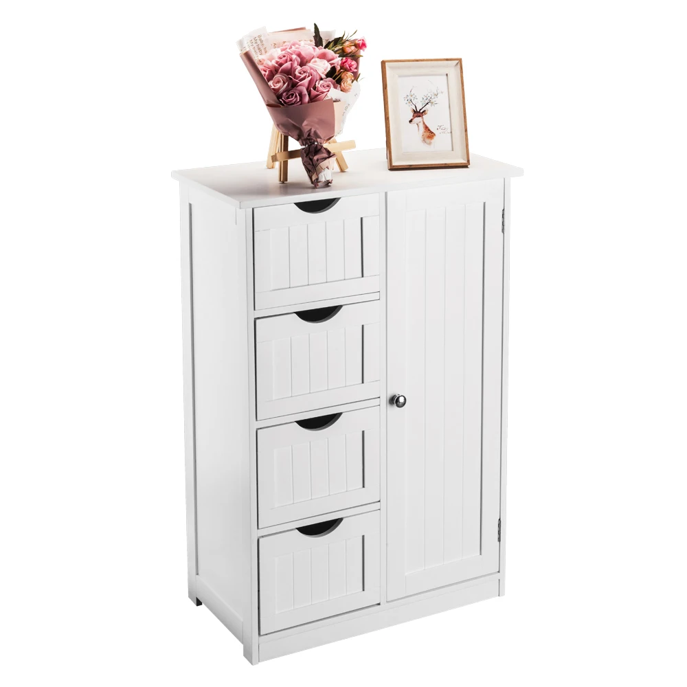 

Bathroom Storage Cabinet with Single Door 4 Drawers Waterproof and Moisture-proof Sturdy and Durable White[US-W]