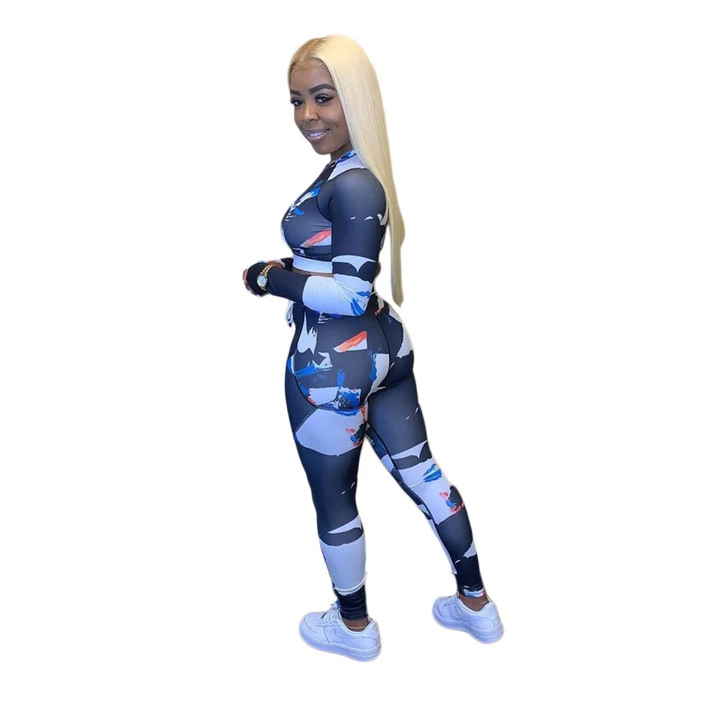 

Women Tie Dye Fitness Two Piece Set Workout Outfits Long Sleeve Skinny Crop Tops and Sporty Jogger Legging Sweat Suit Streetwear