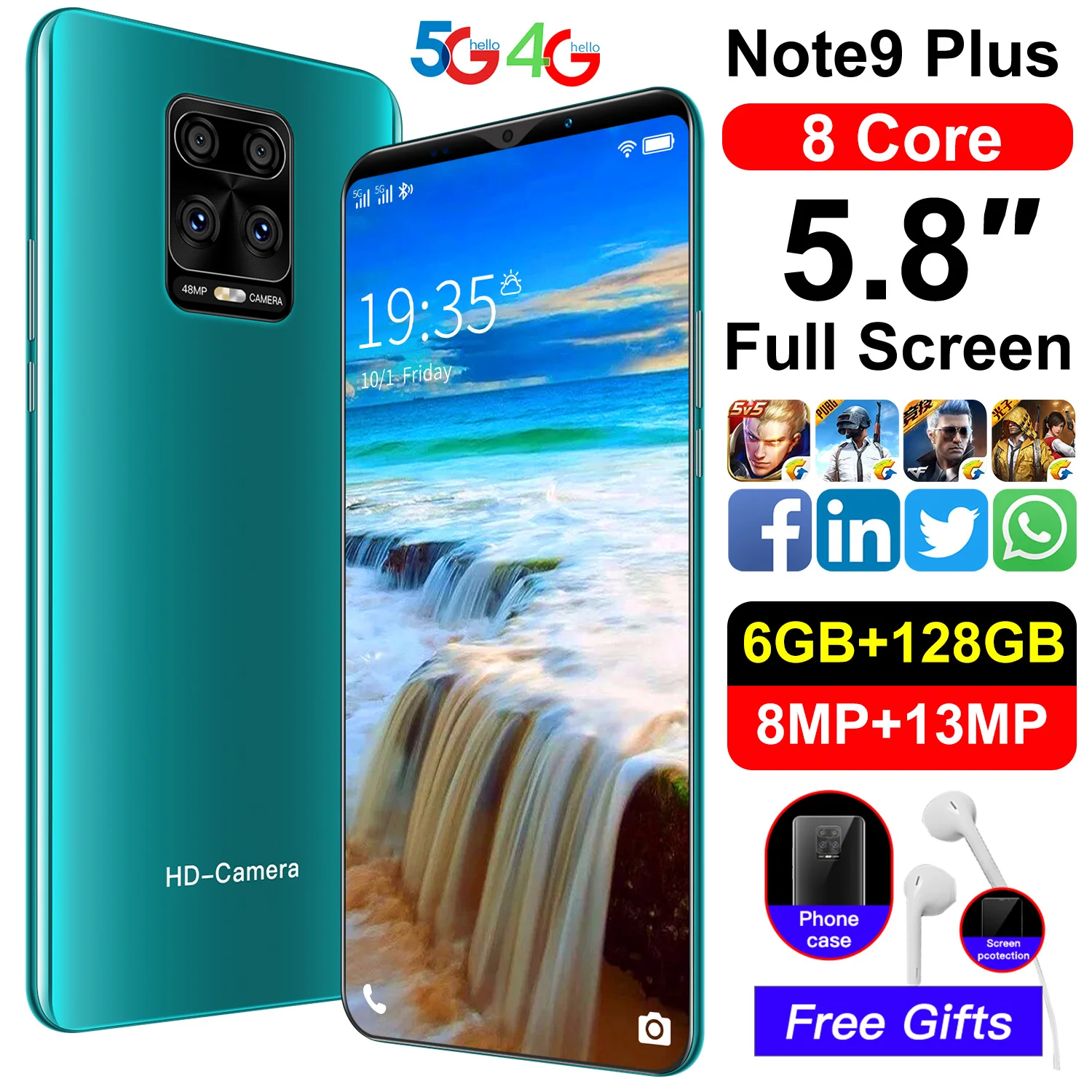 

Note9 Plus 6GB+128GB 8MP+13MP 5.8inch 4800mAh Battery Smartphones Android 10.0 5G 8 Core Telephone Face ID