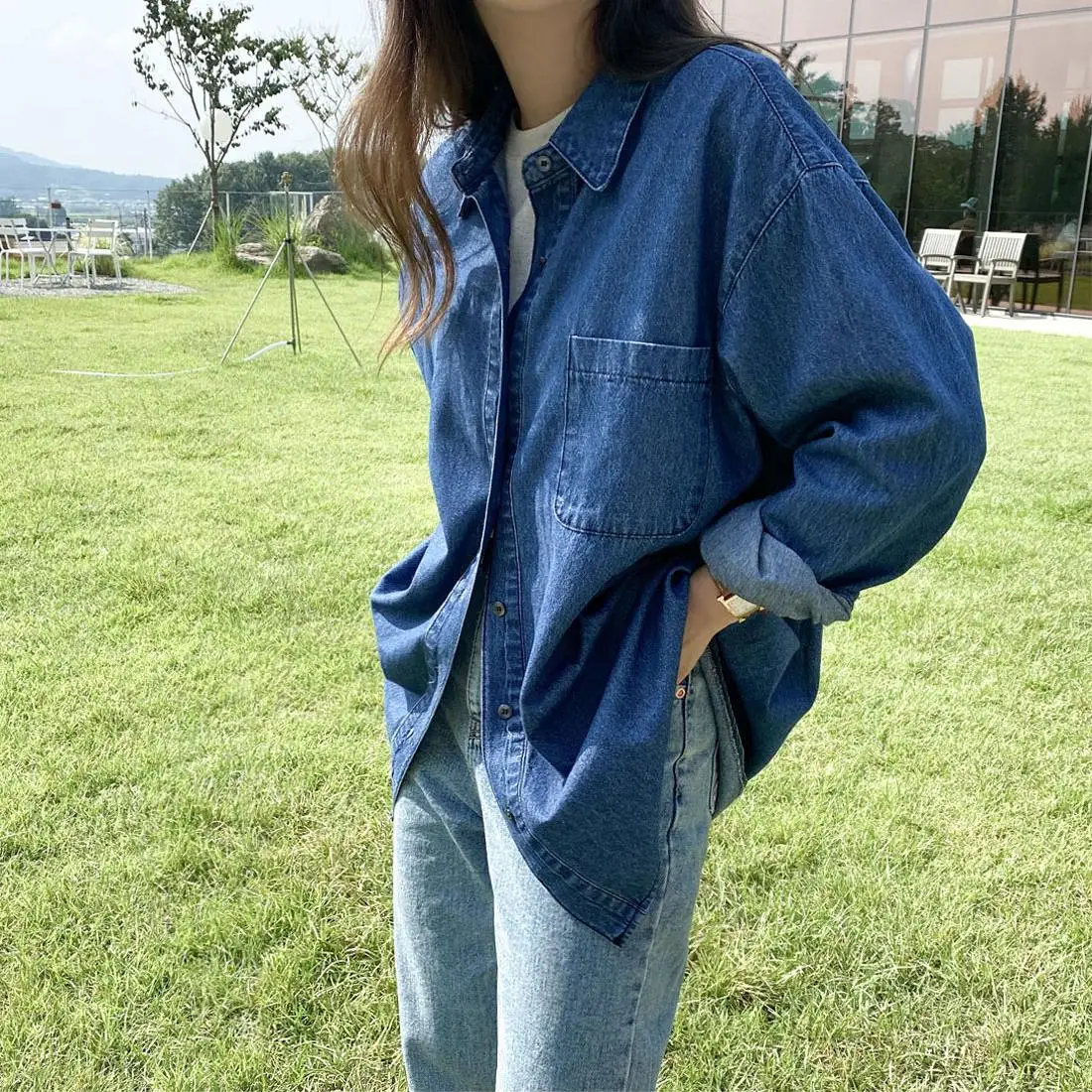 

Women fashion blue denim shirts spring autumn casual long sleeve solid blue female tops