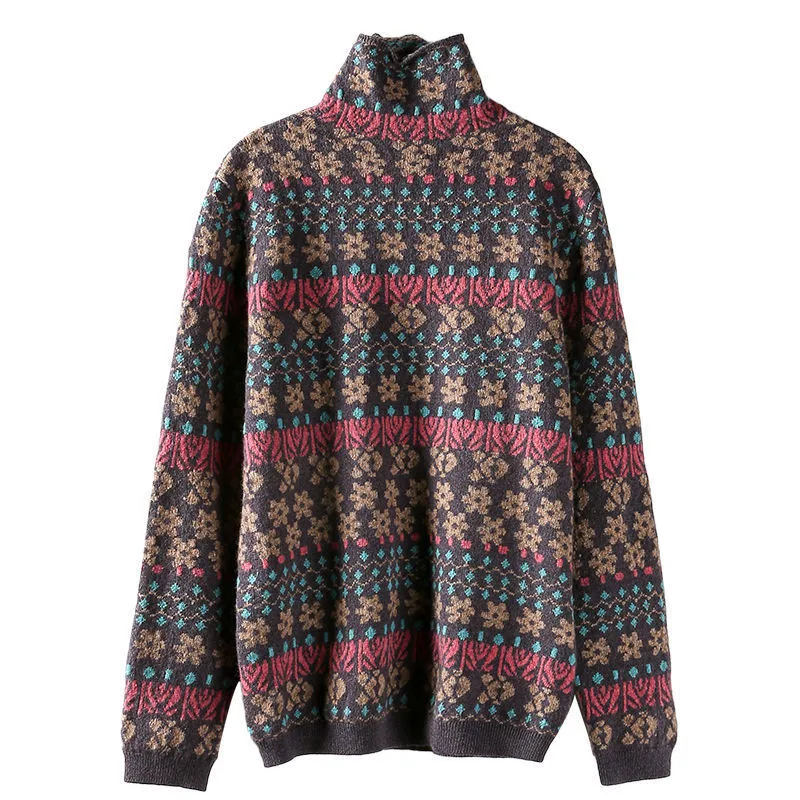 

Women's Vintage Jacquard Turtleneck Knitted Sweater Top 2020 Autumn Winter Long Sleeve Patchwork Pullover Pull Femme