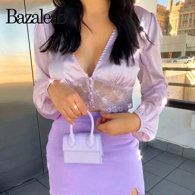 Женская кружевная блузка Bazaleas элегантная фиолетовая с длинными рукавами
