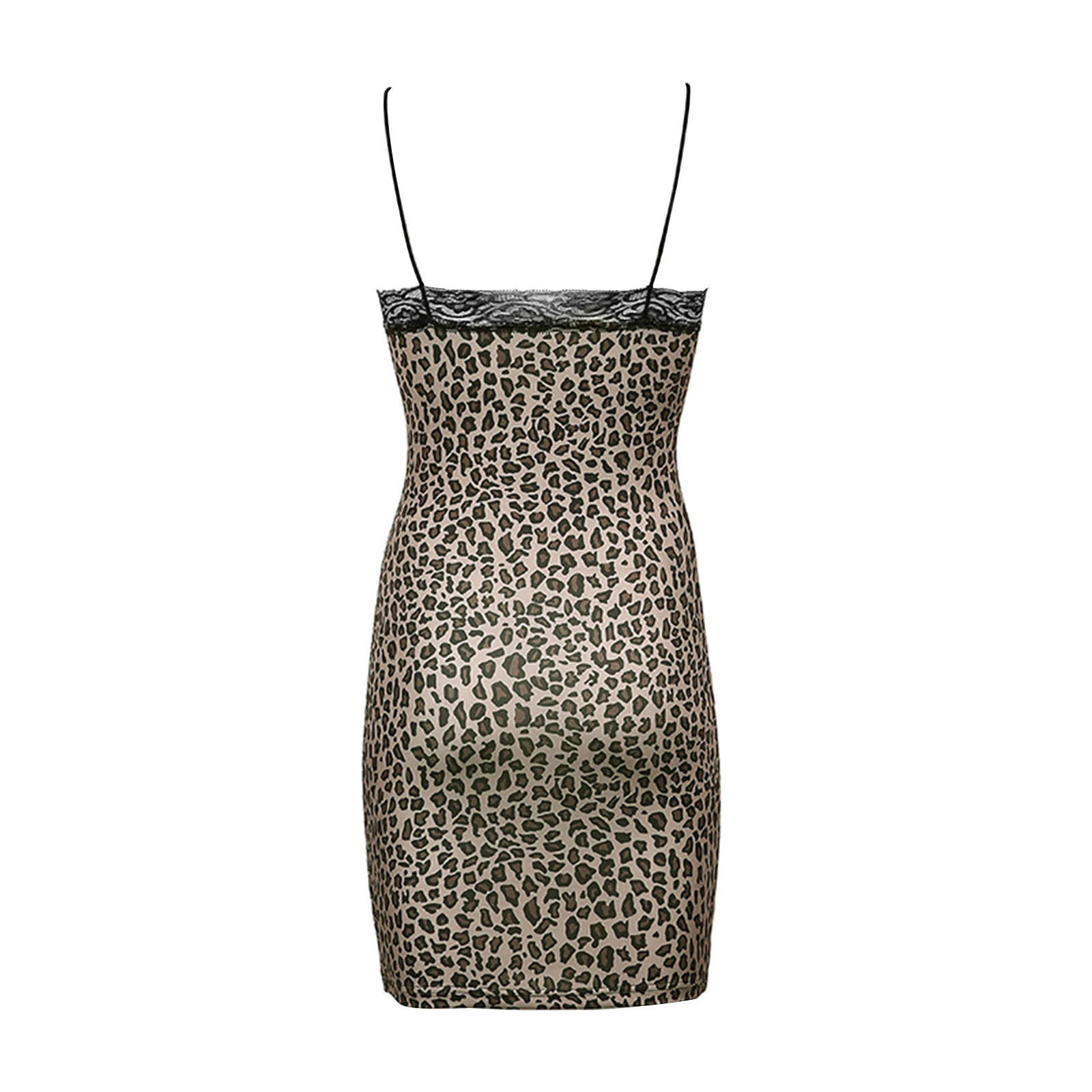 

Womens Sexy Suspender Leopard Dress sleeveless Summer Fashion Lace Trim V-neck Backless Tight Short Dresses