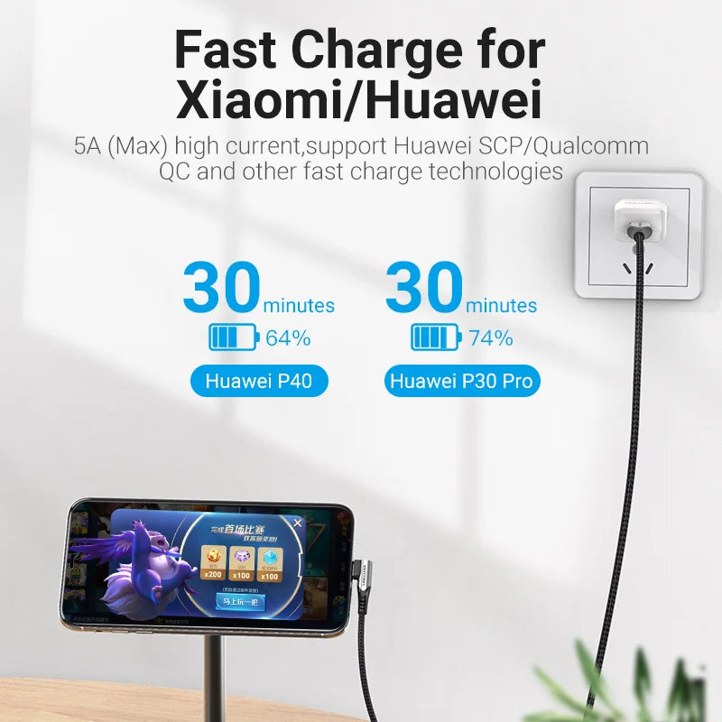 USB Type-C кабель Vention 5A для Huawei Mate 30 P40 P30 быстрая зарядка 40 Вт 3 0 SCP зарядное устройство