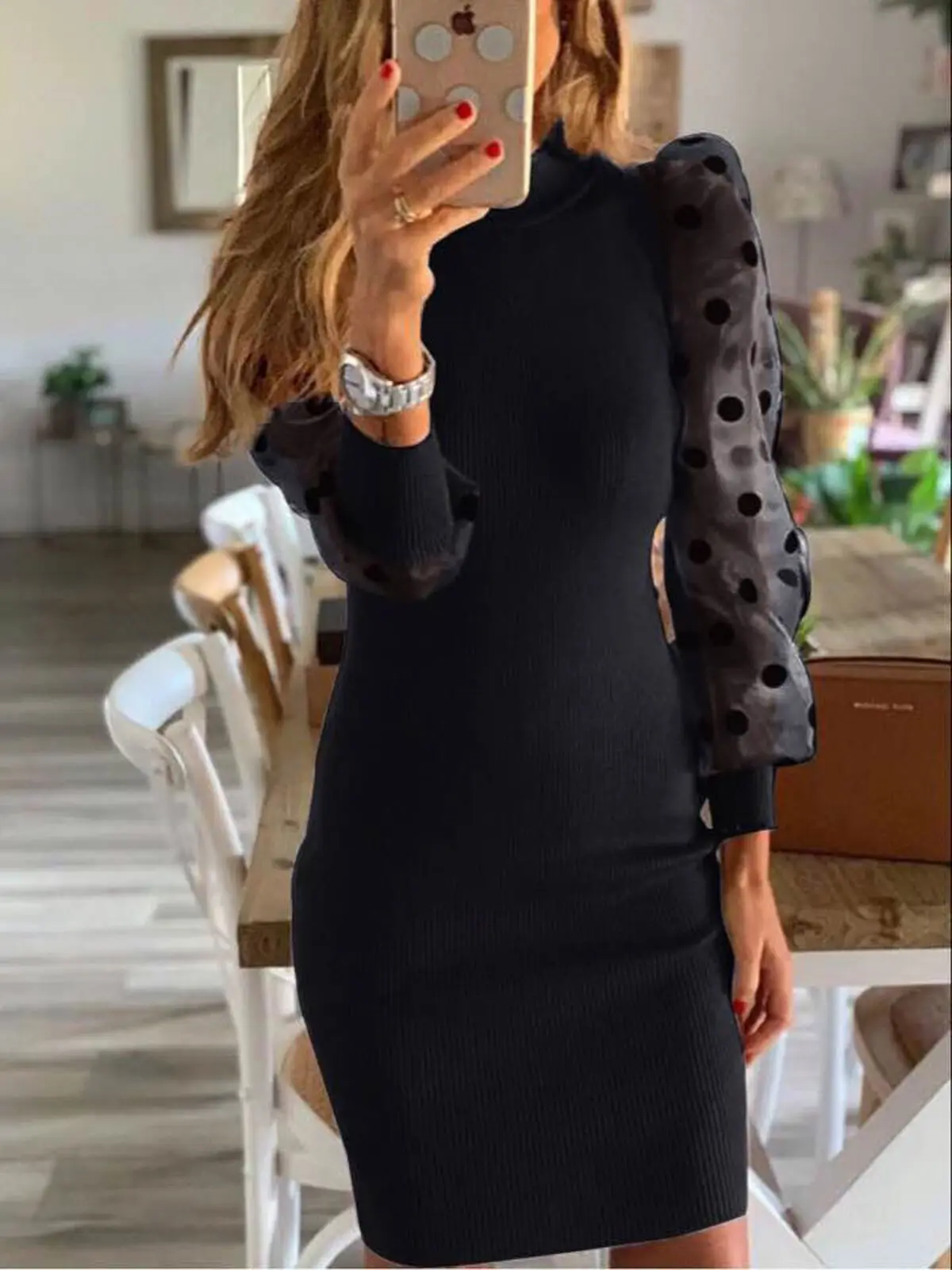 

Модное женское платье в горошек с пышными рукавами, облегающее платье-карандаш средней длины, трикотажное приталенное платье, повседневная...