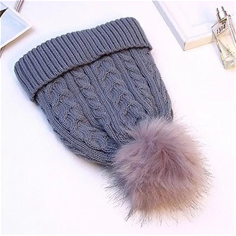 gray Women Hat Женская теплая зимняя шапка флисовая двойная шапка с меховым помпоном шапка с помпоном вязаная шапка для взрослых женская шапка - Цвет: gray Women Hat