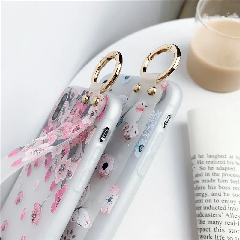 

3D Relief Phone Case For Samsung Galaxy S8 S9 S10 Plus Note 10 Pro J7 Prime J8 2018 Girly Flower Soft Silicone Wrist Strap Cover