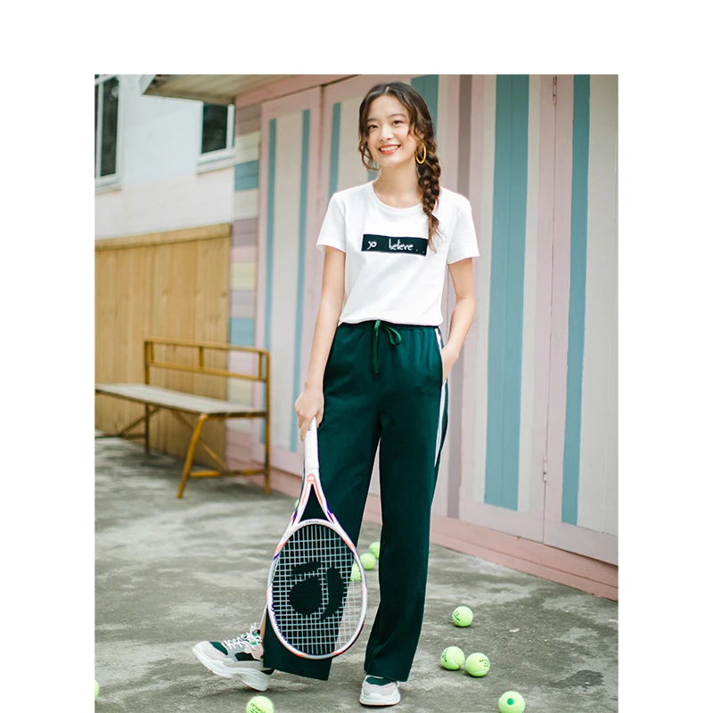 Женский Повседневный костюм с принтом футболка и штаны в летнем стиле круглым