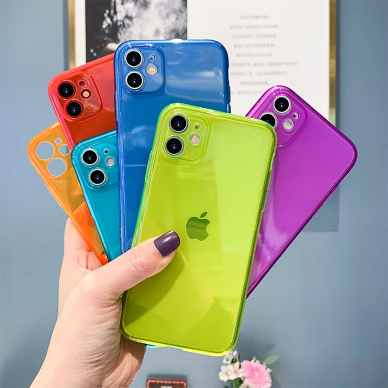 

Fashion Solid Color Fluorescent Transparent Phone Ultra Thin Case For iPhone 12 Mini 11 Pro Max X XS XR 7 8 Plus SE 2 TPU Cover