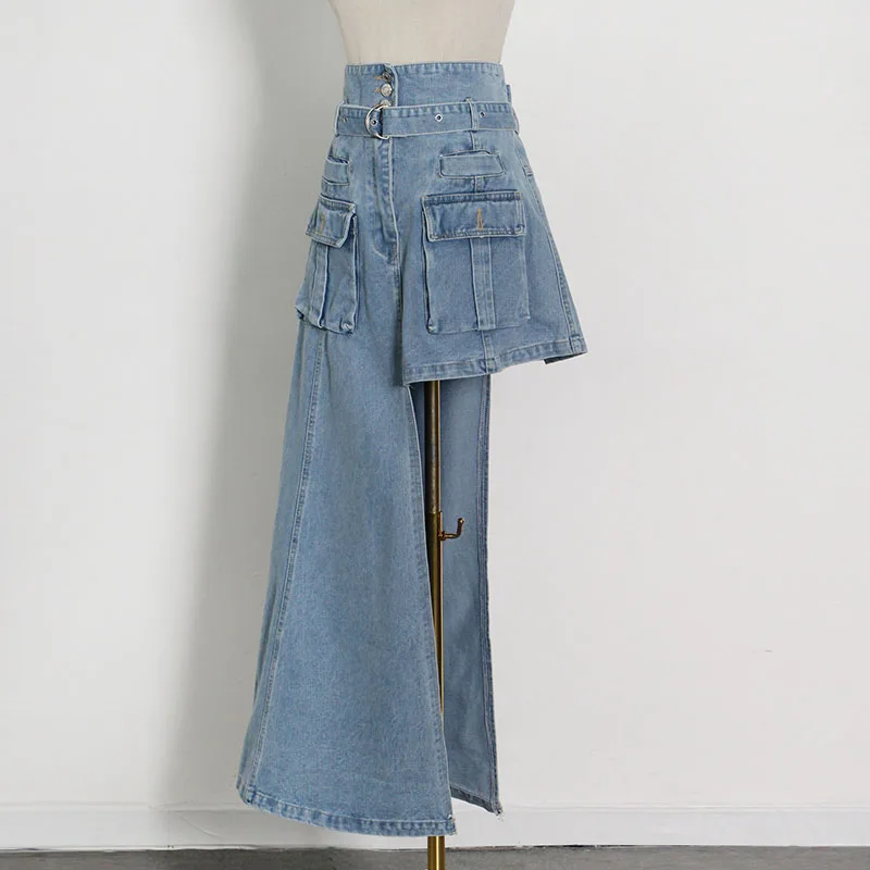 

Повседневная ассиметричная джинсовая юбка для женщин с высокой талией и карманами в уличном стиле женские юбки 2021 стильная одежда
