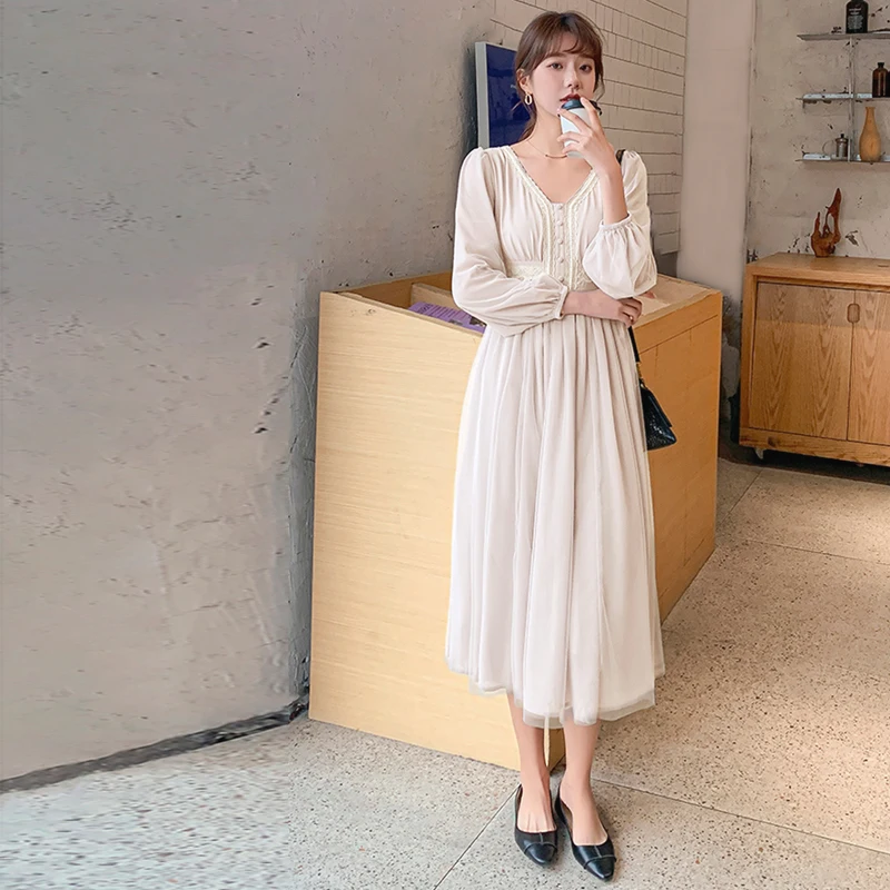 Платье женское Сетчатое с V-образным вырезом приталенное элегантное винтажное