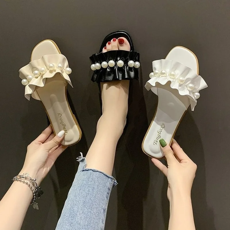 

2021 String Bead Shoes Woman Slippers Soft Low Pantofle Luxury Slides Comfort Summer Flat New Designer Basic Rubber Hoof Heels