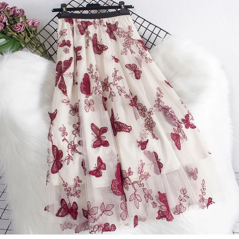 

TIGENA Fashionable Long Tulle Skirt Women Beautiful Butterfly Embroidery A Line High Waist Midi Mesh Skirt Female Korean Style