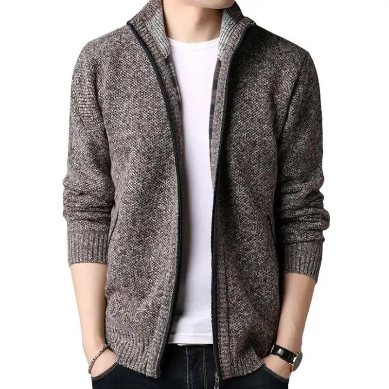 

Men Coat fashion Knitted Sweater Zip Thermal Warmer Lined Cardigan Funnel Collar Jumper Coats Men Jacket