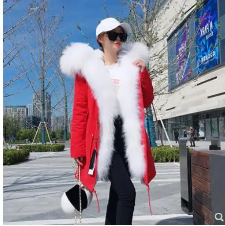 Зимние длинные парки с лисьим мехом женские красные меховые пальто капюшоном