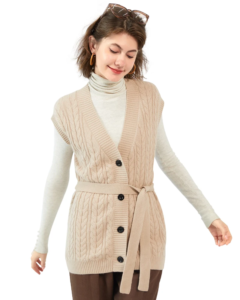 

Zhili Women's 100% Cashmere Button Down Vest V-neck Sleeve Cardigan with Belt