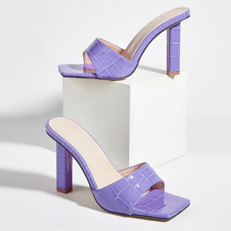 

Elegant Purple High Heels Slippers For Women Ladies Fashion Snake Print Leather Square Toe Sandals Summer Party Shoes Slides