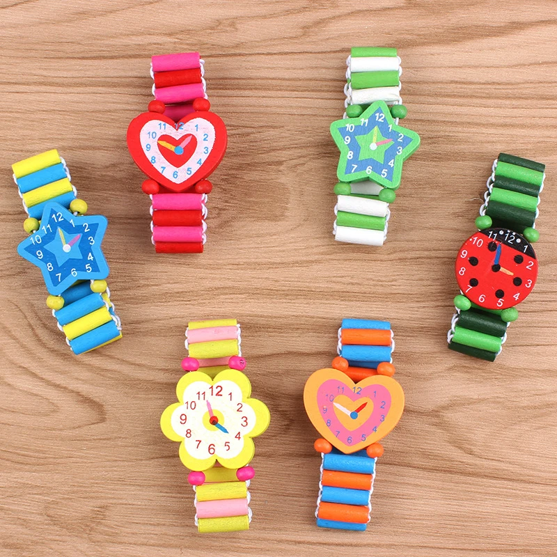 

Babys Kids Cartoon Wooden Crafts Wristwatches Bracelet Watch Toy Children Student Xmas Toys Gift Random Style Color