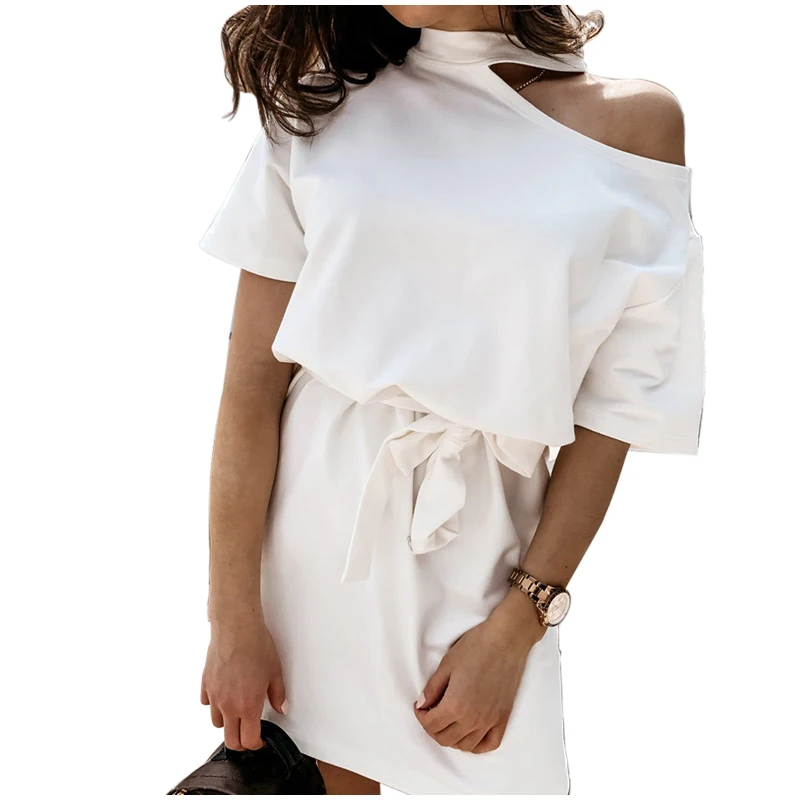 

2020 Summer Off Shoulder Mini Dress Women Short Sleeve A Line Short Dresses Halter Fashion Elegant Casual Solid Dress Over Size