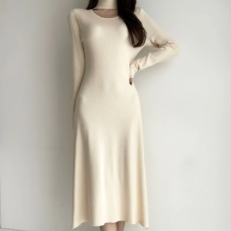 

French Elegant Chic Knit Femme Robe Autumn Winter Solid High Waist Full Sleeve Long Vestidos O Neck Slim Women's Vintage Dresses