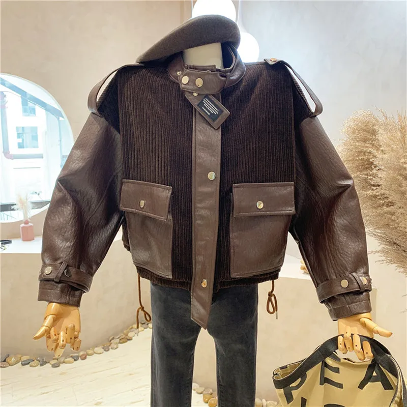 

New Women's Clothing 2021 Autumn Winter Design sense Corduroy stitched PU leather loose casual short coat Jacket