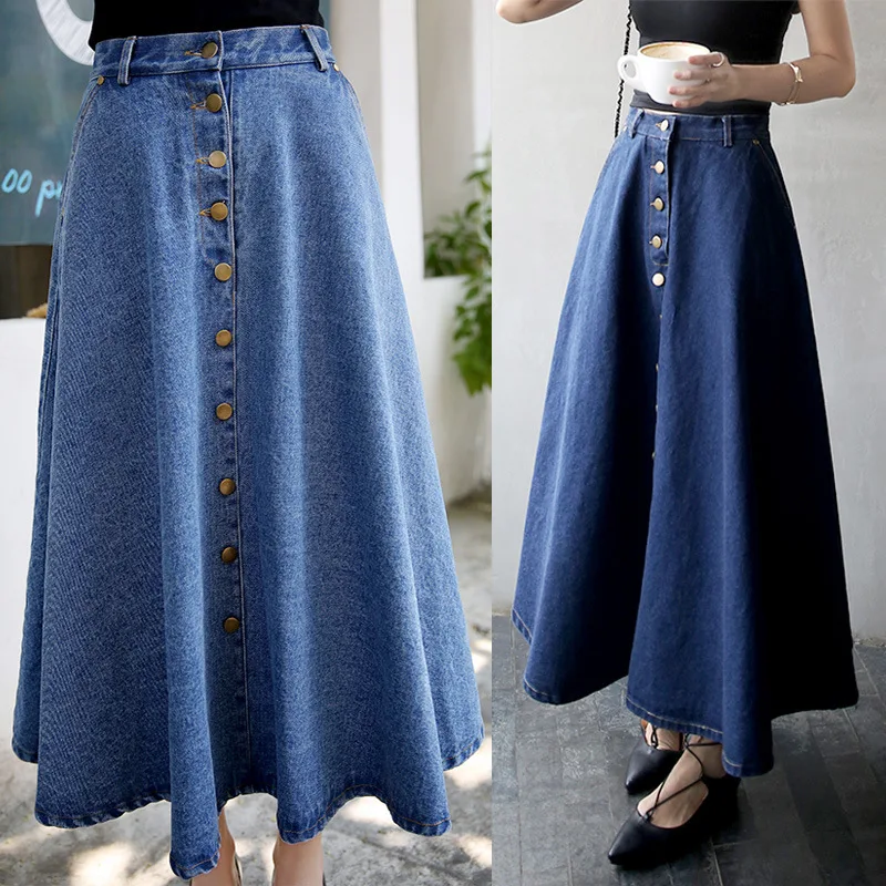 KALENMOS Korean Preppy Style Denim Skirt Women Solid Color High Waist Long Feminina Big Hem Ball Gown Button Jean Skirts | Женская