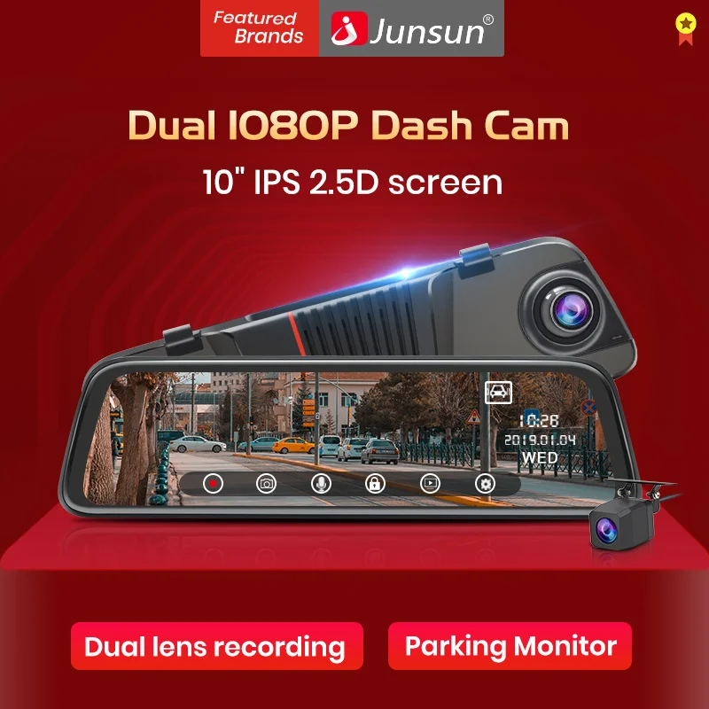 Junsun Назад камера 1080 P dvr автомобиля двойной объектив регистраторы 10 ''ips сенсорный экран зеркало заднего вида регистрация вождения регистраторы