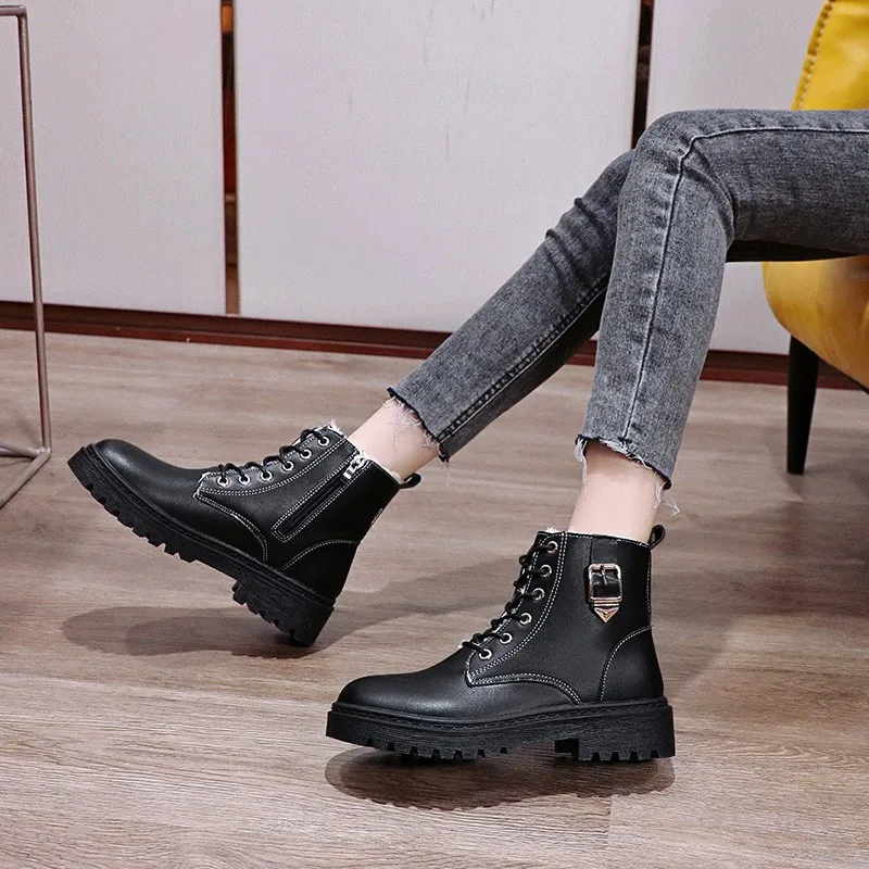 Autumn Winter Women Fashion Lightweight Comfortable Round Toe Shoes Ladies Lace-up Thick-soled Non-slip Women's Platform Boots