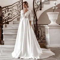 appliques satin wedding dresses v neck 34 sleeve lace boho bridal gown vintage party bride dress sweep train plus size 2021