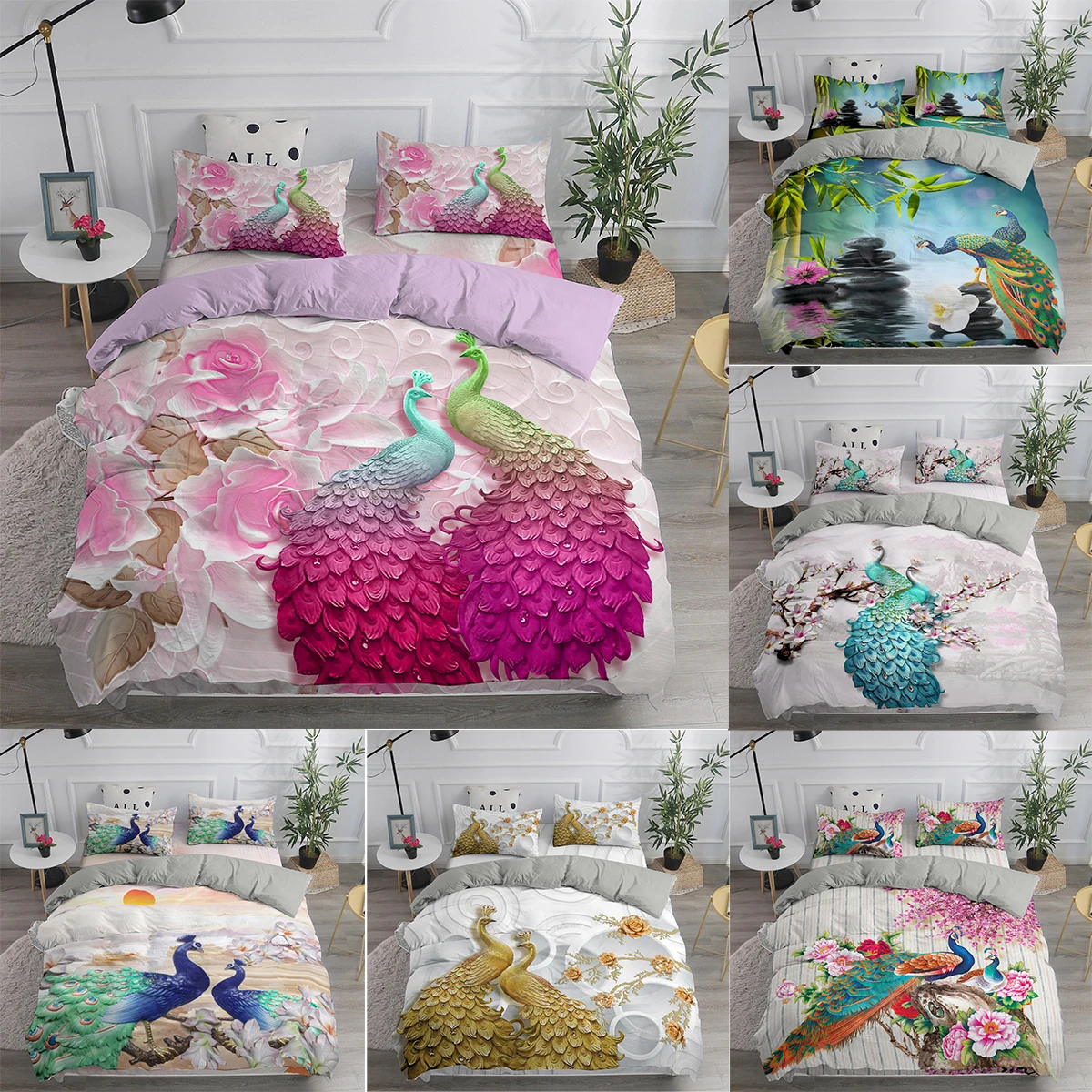 

Комплект постельного белья из высококачественного волокна с пододеяльником и 3D изображением павлина и цветов, постельное белье, наволочка,...