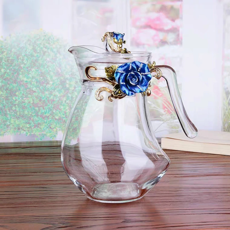 Стеклянный чайник для горячих и холодных напитков с эмалью красная роза 1300