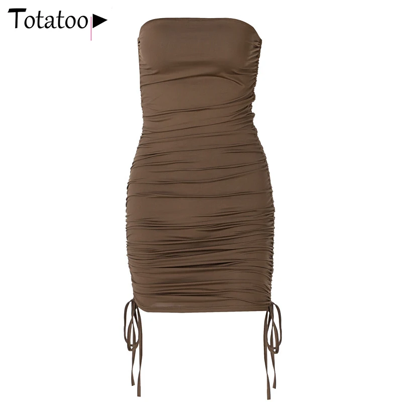 

Totatoop Sexy Off Shoulder Strapless Bodycon Dress Women 2021 Summer Sleeveless Ruched Drawstring Orange Dress Clubwear Vestidos