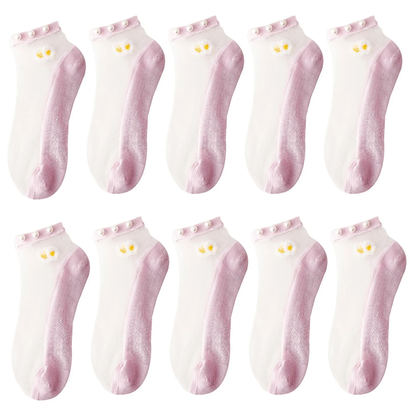 

Summer Elegant Women Ankle Socks Transparent Daisy Embroidery Lace Silk Short Girls Elastic Ultrathin Sweet Candy Color