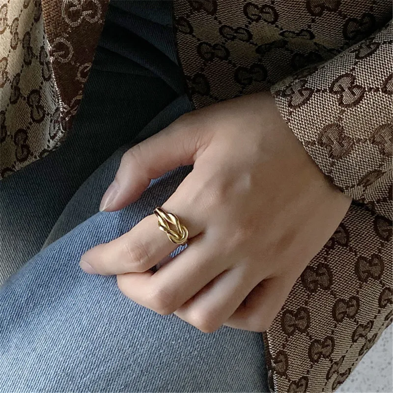 

POFUNUO Real 925 Sterling Silver Women Minimalist Knot Buckle Niche Rings Female Fashion Classic Fine Jewelry Chic Opening Rings