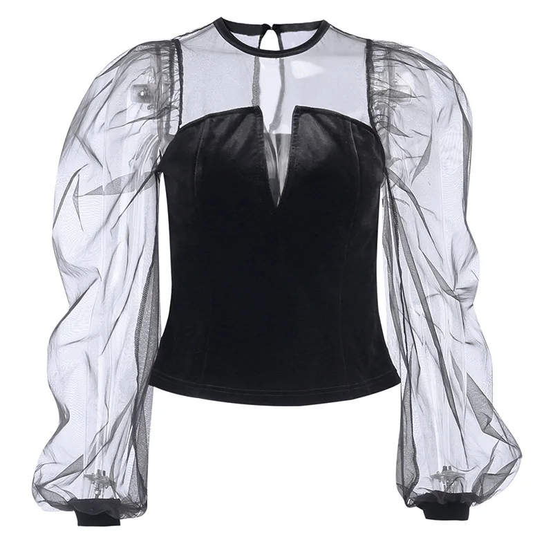 Женский сетчатый топ с рукавом замша v-образный вырез сексуальная перспектива