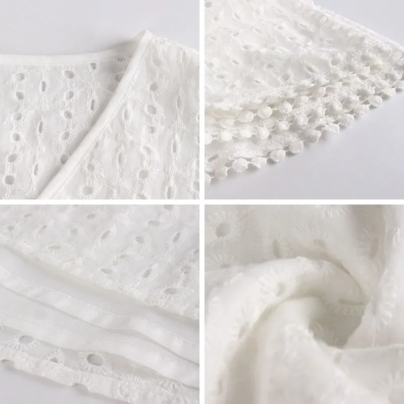 

2021 Summer New Fashion Women's Lace Hollow Out Dress Ladies Elegant V-neck Solid Knee-length Dress White Yellow