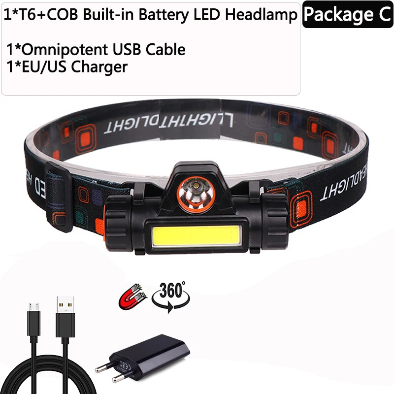 Package C 5000лм налобный фонарь Портативный мощный светодиодный USB Перезаряжаемый XPE+ COB налобный фонарь встроенный аккумулятор водонепроницаемый Головной фонарь - Испускаемый цвет: Package C