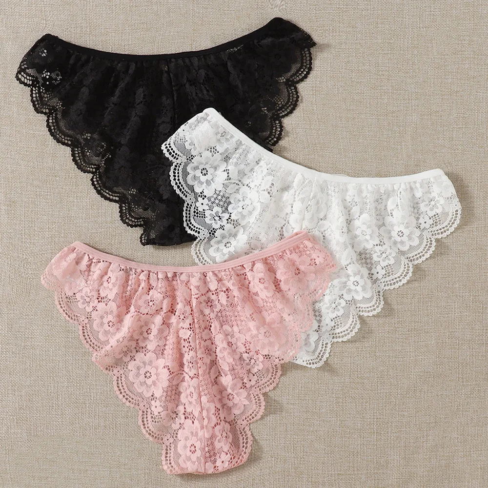 

Sexy Briefs See-through Panties Floral Pattern Lace Hem Low Waist Underpants Women's Underwear Sets 3Pcs Sexy Lingerie