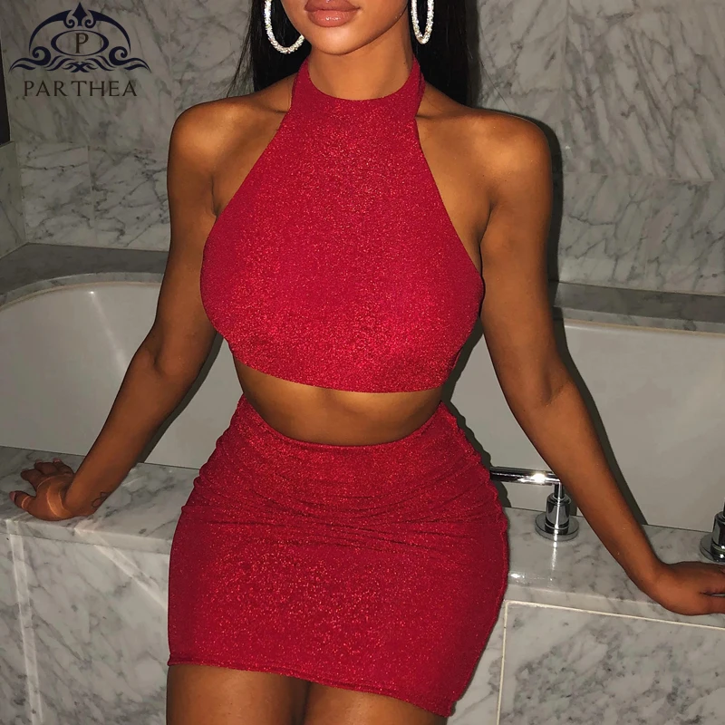 Женское платье с блестками Parthea красное мини размера плюс высокой талией Клубная
