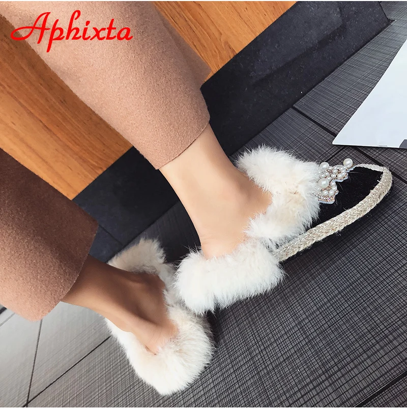 Aphixta зимние теплые тапочки с натуральным мехом; женская обувь на шнуровке с жемчугом и кристаллами; шикарная плюшевая женская обувь с натуральным кроличьим мехом