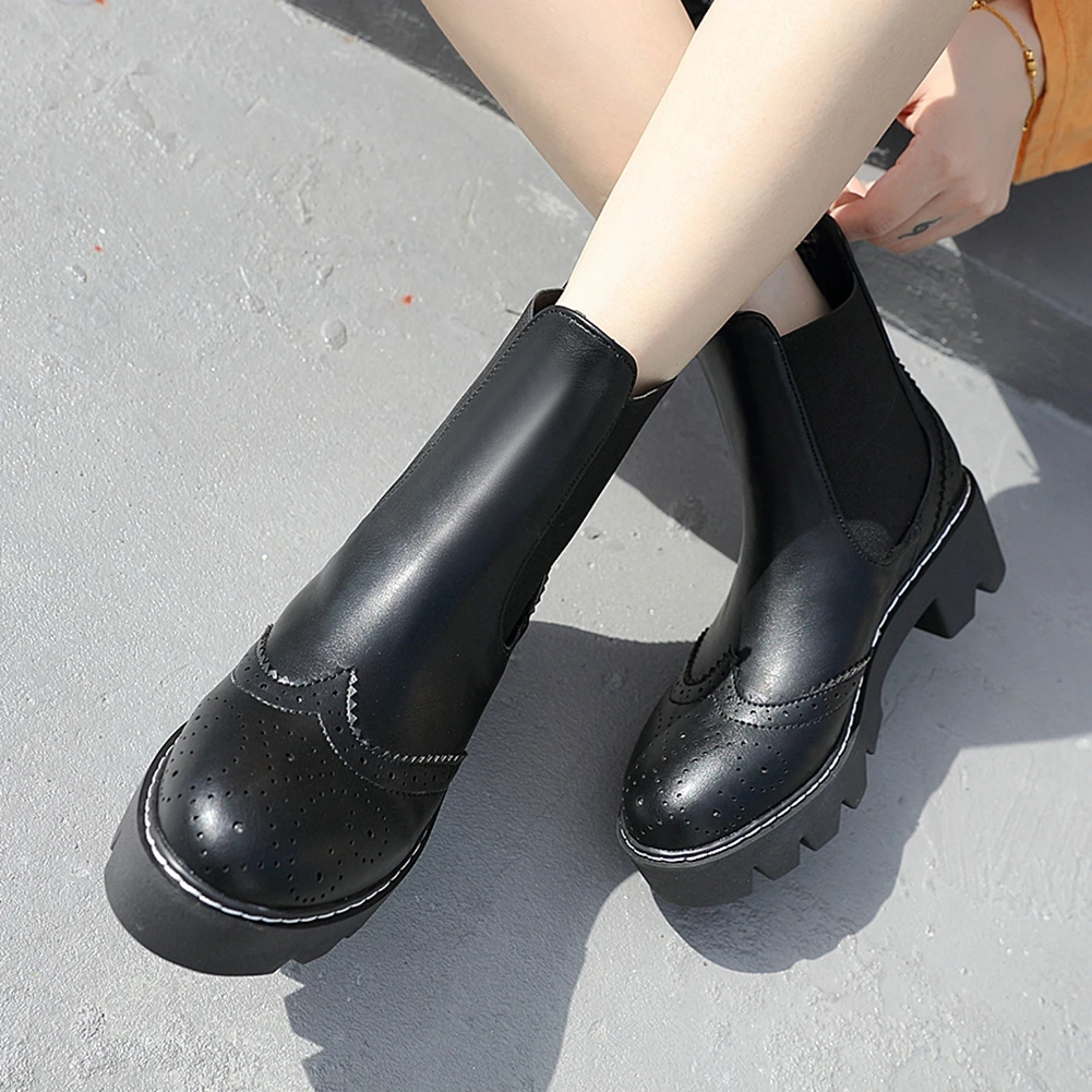 

BONJOMARISA Ladies On Sale New Ankle Boots Autumn Sewing Slip On Low Heel Brogue Boots Women 2020 Brand Design Shoes Woman