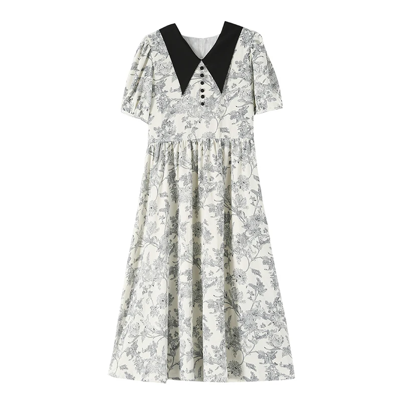 

Plus Size Summer 2021 Floral Print Chiffon Dress Women Short Sleeve Peter Pan Collar Sweet A Line Dresses Dolly Cute Clothing