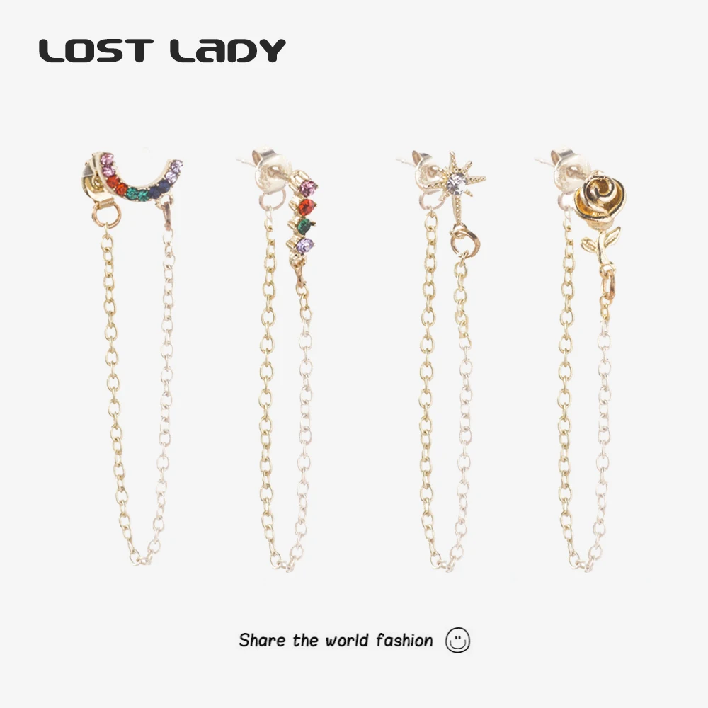 

Lost Lady Crystal Rose Star Chain Stud Earrings for Women Statement Geometric Female Tassel Earrings Fashion Jewelry Gift
