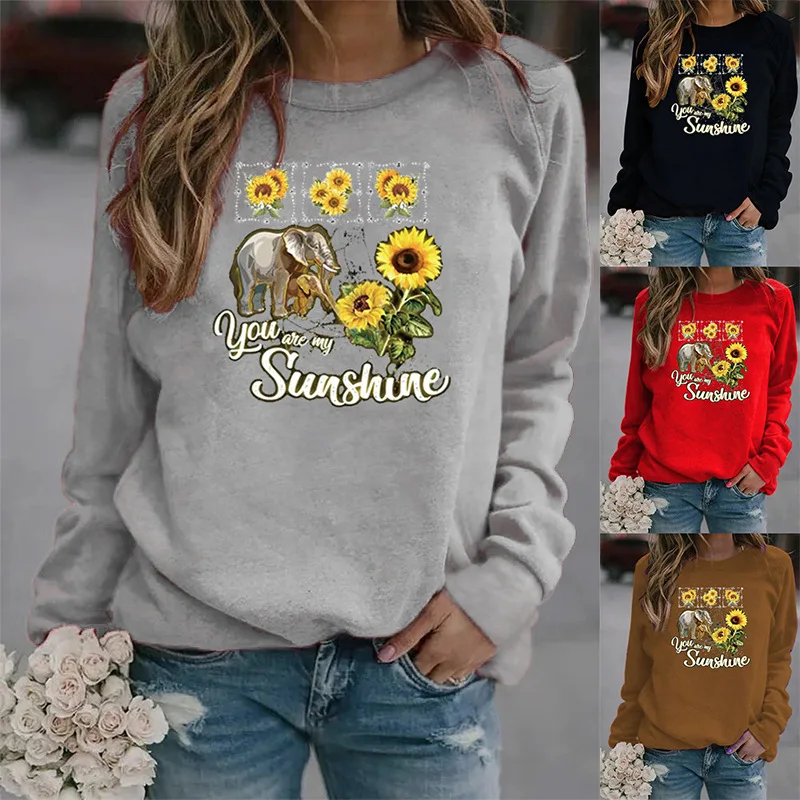 

Women Hoodie Sunflower Elephant Printed Hoodies Women Fleece Long Sleeve O Neck Loose Sweatshirt Girls Pullovers Winter