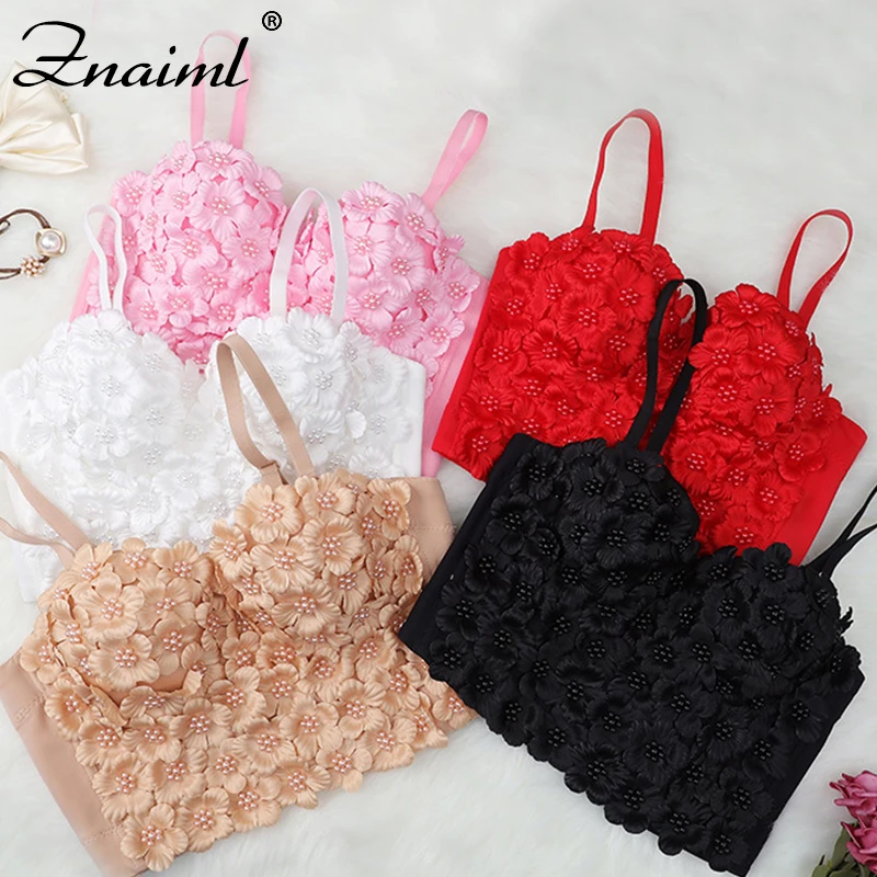 

Znaiml Sexy Strips Bra Tops Flowers Decorate Corset Top Push Up Women's Corset Bustier Bra Night Club Party Cropped Top Vest