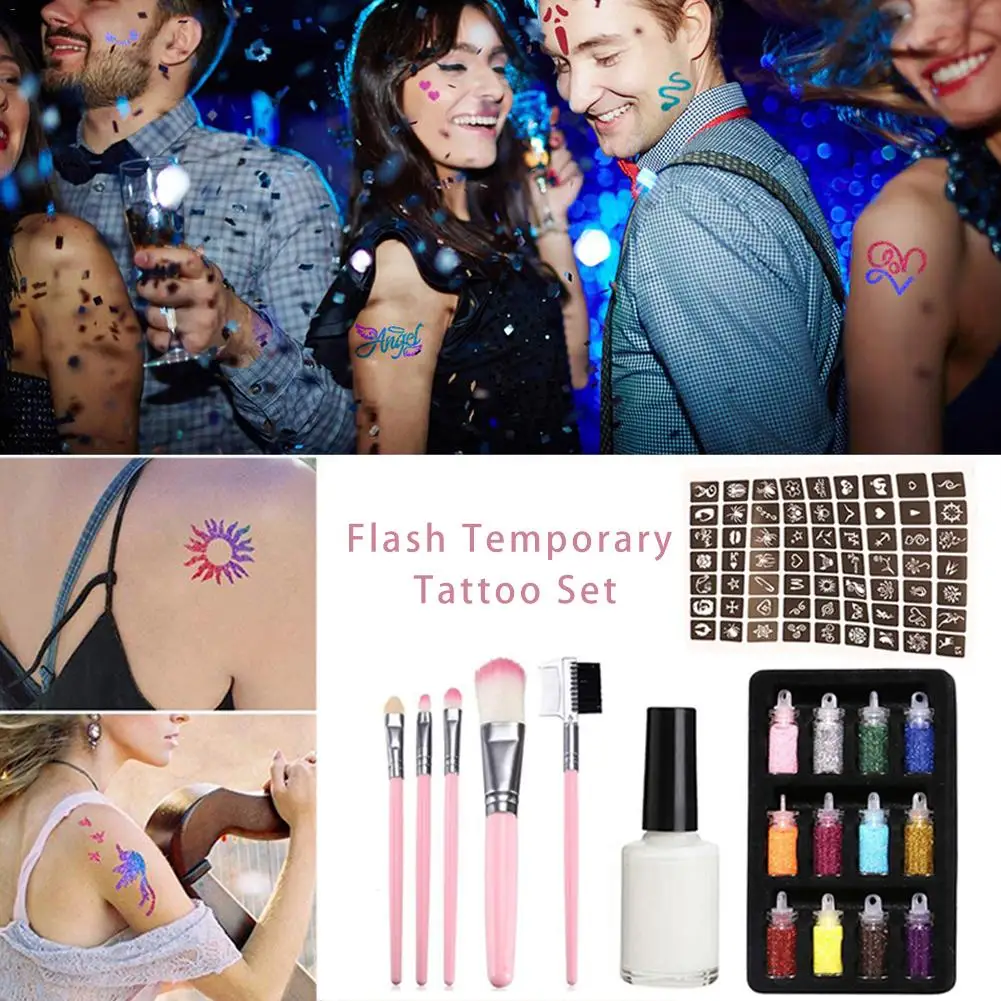 Новая вспышка временная татуировка набор с 12 блестящей пудрой полые 1 шаблон