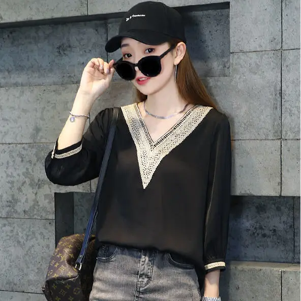 

Autumn 2020 new women's wear Korean V-neck T-shirt women's loose large 7 / 4 Sleeve Chiffon Top