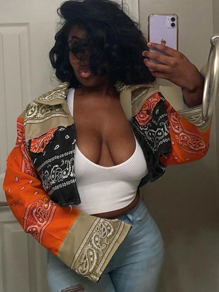 

Weird Puss Y2K Patchwork Denim Jacket Women Vintage Print Casual Autumn Fashion Hot Street Wild Basic Cropped Sweatshirt Outwear